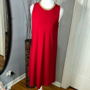 Nina Leonard Red Sleeveless Crew Neck Midi Dress